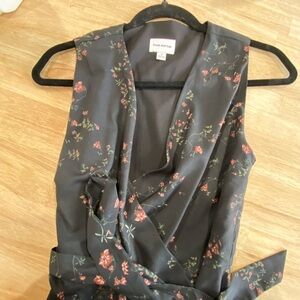 Frank & Oak Black Floral Wrap Dress with Pink and Green Accents